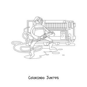 Desenho para colorir de um bombeiro animado segurando uma mangueira