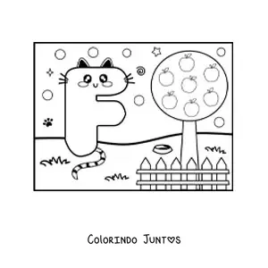 Desenho para colorir da letra F animada em forma de gato no parque
