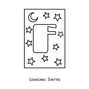 Desenho para colorir de letra F maiúscula com estrelas e uma lua
