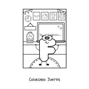 Desenho para colorir da letra F animada na escola