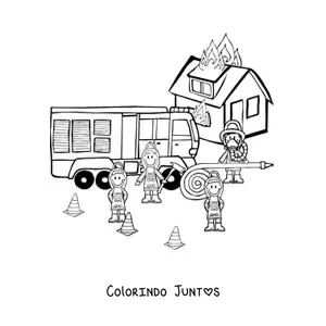 Desenho para colorir de varios bombeiros animados apagando um incendio