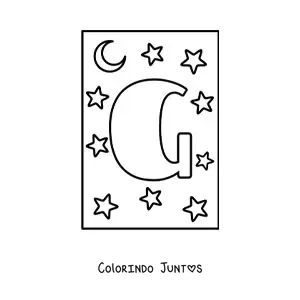 Desenho para colorir de letra G maiúscula com estrelas e uma lua