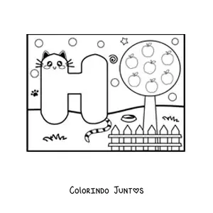Desenho para colorir da letra H animada em forma de gato no parque