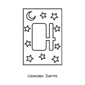 Desenho para colorir de letra H maiúscula com estrelas e uma lua