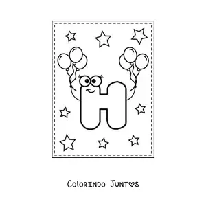 Desenho para colorir da letra H maiúscula animada com balões
