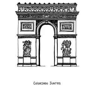 Desenho para colorir do Arco do Triunfo com colunas e jardins dos lados