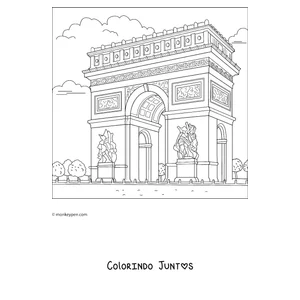 Desenho para colorir do Arco do Triunfo em perspectiva cercado de jardins