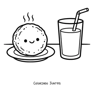 Desenho para colorir de uma arepa com um copo de suco