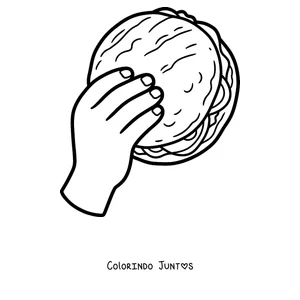 Desenho para colorir de uma mão segurando uma arepa recheada