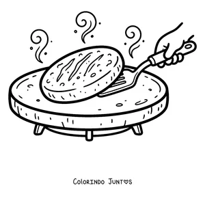 Desenho para colorir de uma arepa assando no budare