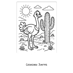 Desenho para colorir de uma avestruz ao lado de um cacto no deserto
