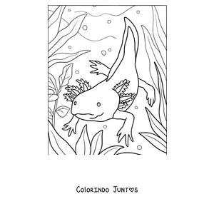Desenho para colorir de um axolote adulto nadando entre algas altas
