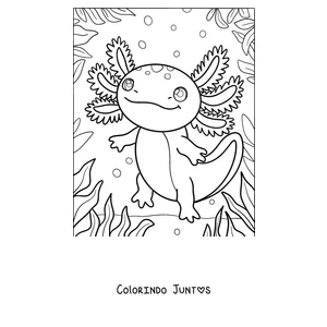 Desenho para colorir de um axolote caminhando entre plantas aquáticas