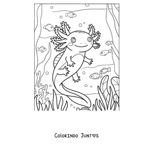 Desenho para colorir de um axolote nadando entre peixinhos e plantas
