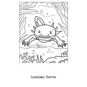 Desenho para colorir de um axolote contente nadando entre algas