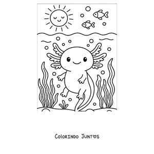 Desenho para colorir de um axolote nadando sob um sol sorridente