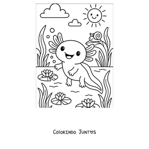 Desenho para colorir de um axolote perto de uma lagoa com um caracol e o sol