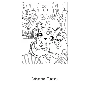 Desenho para colorir de um axolote de olhos grandes sentado sobre um caracol do mar