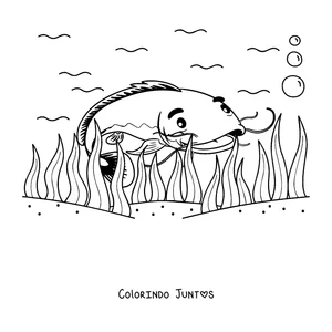 Desenho para colorir de um bagre nadando entre as algas