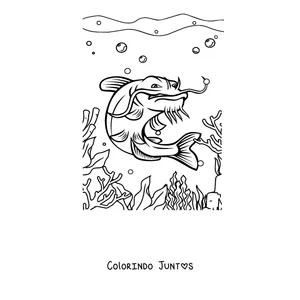 Desenho para colorir de um bagre entre corais do fundo do mar