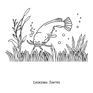 Desenho para colorir de um bagre nadando entre juncos