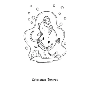 Desenho para colorir de um bagre fofo nadando entre bolhas