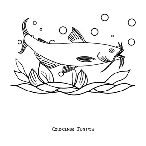 Desenho para colorir de um bagre de nadadeiras grandes entre bolhas