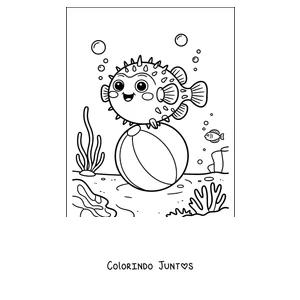 Desenho para colorir de um baiacu brincando com uma bola de praia