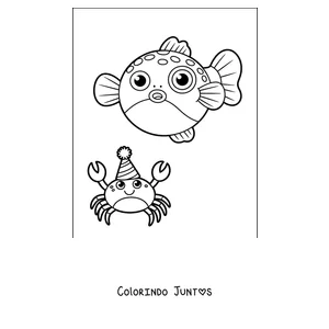 Desenho para colorir de um baiacu com um caranguejo