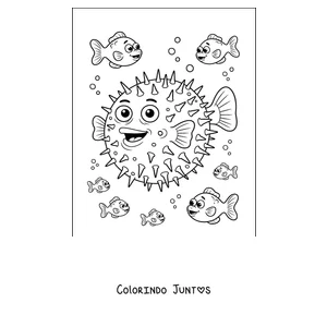 Desenho para colorir de um baiacu nadando com peixinhos