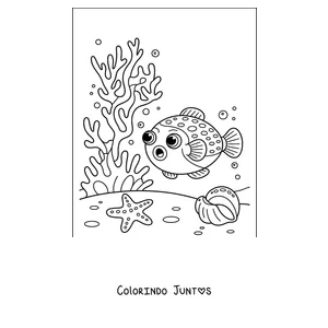 Desenho para colorir de um baiacu entre corais
