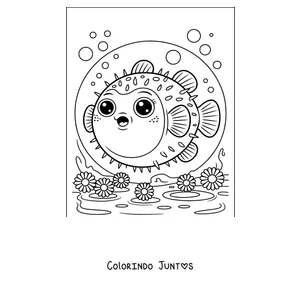 Desenho para colorir de um baiacu entre flores marinhas