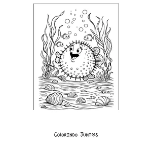 Desenho para colorir de um baiacu no fundo do mar