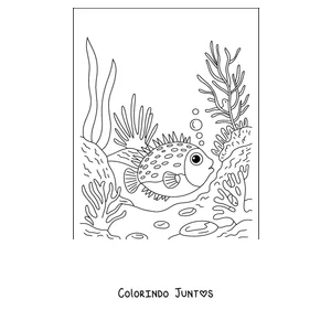 Desenho para colorir de um baiacu no recife de coral