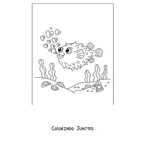 Desenho para colorir de um baiacu soltando corações