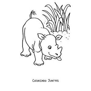 Desenho para colorir de um filhote de rinoceronte e a mãe comendo capim