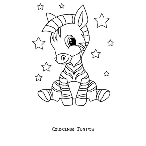Desenho para colorir de um bebê zebra sentado entre estrelas