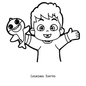 Desenho para colorir do Bebefinn acenando com um bebê tubarão de brinquedo
