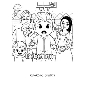 Desenho para colorir do Bebefinn e da família dele com sorvetes e guloseimas