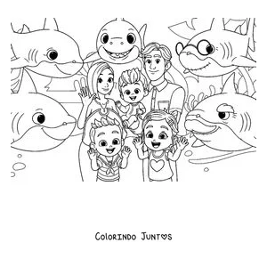 Desenho para colorir da família do Bebefinn cercada pela família de tubarões