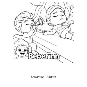 Desenho para colorir dos irmãos do Bebefinn brincando com uma lupa enquanto o Finn observa