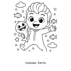 Desenho para colorir do Bebefinn nadando entre peixes e um bebê tubarão