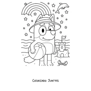 Desenho para colorir da Bluey na praia com uma bola