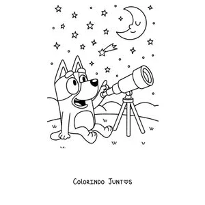 Desenho para colorir da Bluey observando o céu com um telescópio
