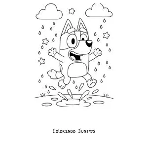 Desenho para colorir da Bluey pulando numa poça na chuva