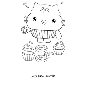 Desenho para colorir do Cakey, o gato cupcake, com cupcakes e rosquinhas