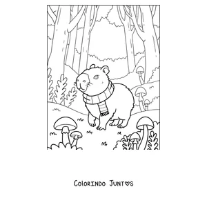 Desenho para colorir de uma capivara com cachecol passeando pelo bosque de outono