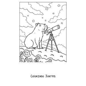 Desenho para colorir de uma capivara olhando as estrelas com um telescópio