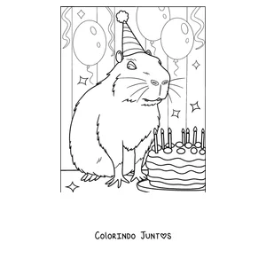 Desenho para colorir de uma capivara soprando as velas do bolo de aniversário