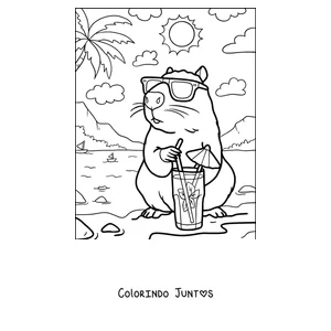 Desenho para colorir de uma capivara de óculos de sol tomando limonada